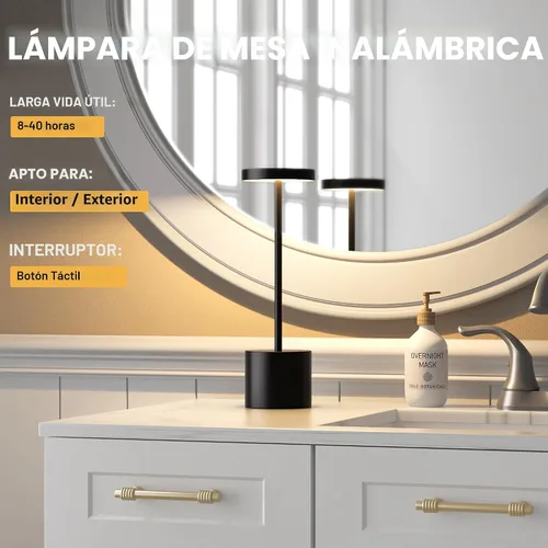 Vista 2 de Lámpara de mesa inalámbrica negra, lámparas con batería recargable de 4000mAh, lámparas LED inalámbricas para exteriores con atenuación continua