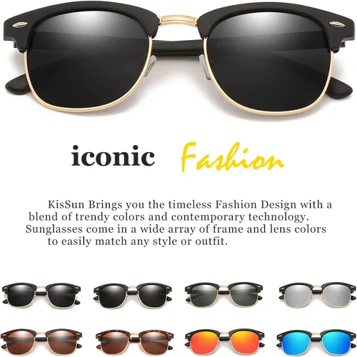 Vista 6 de KISSUN Gafas de sol polarizadas negras semi sin montura para hombre gafas de sol clásicas retro de media montura para conducción 100 bloqueo UV