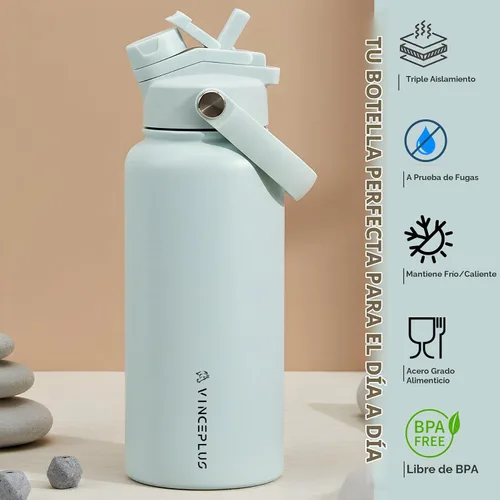 Vista 2 de Botella de agua de acero inoxidable de 32 onzas con tapa 2 en 1, botella de agua aislada al vacío de triple pared, a prueba de fugas, asa de Azul