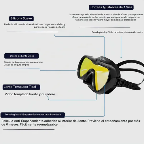 Vista 5 de Tidal Mask-Advanced - Máscara de buceo antivaho para buceo, snorkel, buceo libre y natación. Lente única de vidrio templado gran angular. Negro
