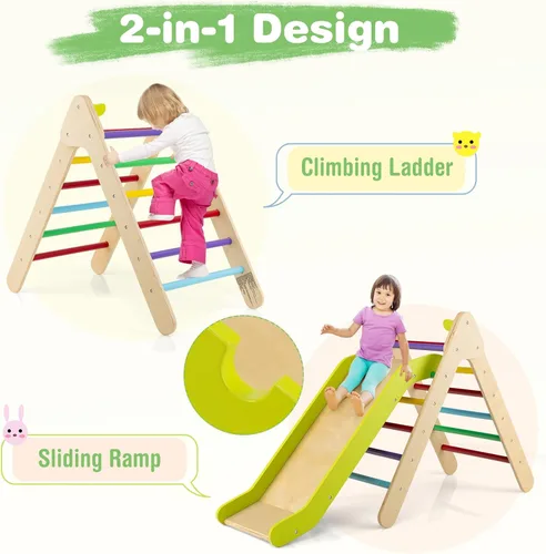 Vista 2 de HONEY JOY Escaladora triangular con rampa, escalera triangular para niños para guardería, gimnasio y parque infantil, juguetes de escalada Colorido