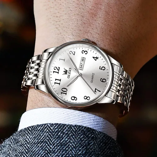Vista 8 de OLEVS Reloj plateado para hombre, de acero inoxidable, impermeable, fácil de leer, con números arábigos, Azul, Negocio