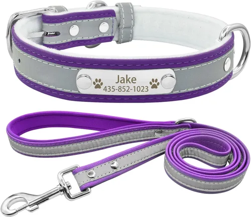 Vista 14 de Collar de perro de cuero reflectante personalizado con forro cálido, collar de perro personalizado con placa de nombre grabada para perros y gatos