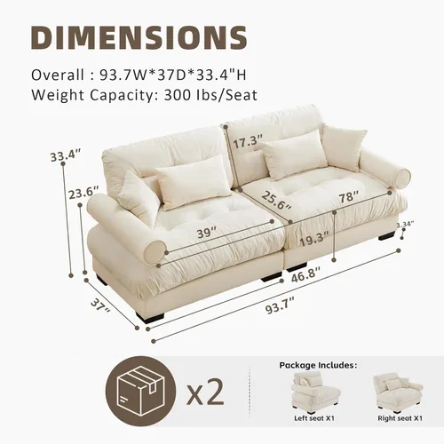 Vista 2 de Sofá Seccional Modular Extragrande de 93.7 pulgadas, Sofá de Dos Plazas Cloud Couch con Almohadas y Cojín Extra Grueso para Sala de Estar, Cine