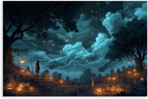Vista 26 de JDBeehpy Spooky Halloween Cemetery Scene Wall Art Jack - O' - Lanterns Poster Mysterious Night Sky Frame Canvas Print PaintingCreepy Decor Mural