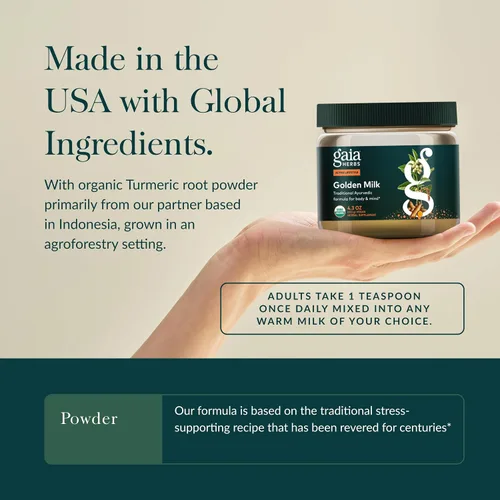 Vista 4 de Gaia Herbs Golden Milk - Suplemento en polvo de apoyo tradicional para la relajación con cúrcuma orgánica, pimienta negra, ashwagandha, cardamomo