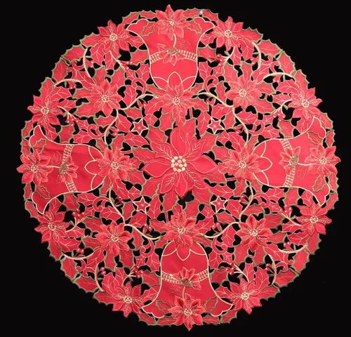 Vista 2 de Creative Linens - Mantel navideño de 33 pulgadas, redondo rojo, campana de Pascua bordada, mantel