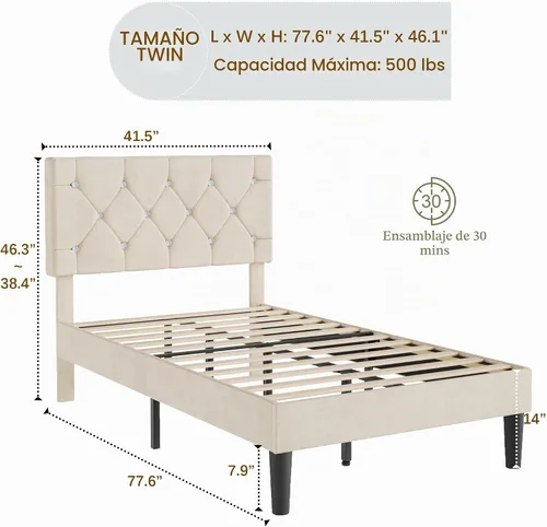 Vista 2 de VECELO Base de cama tamaño individual con plataforma tapizada con cabecera ajustable de botones de diamante, soporte de listones de madera,