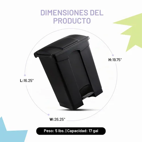 Vista 3 de Plástico Step-On receptáculo de residuos, Negro