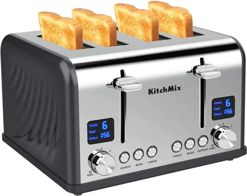 Vista 10 de Tostadora de 4 rebanadas, tostador de panecillos de acero inoxidable KitchMix con temporizador LCD, ranuras extra anchas, pantalla dual, bandeja