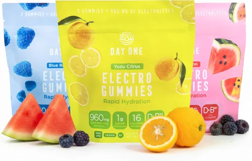 Vista 9 de Day One Electrogummies - 60 gomitas de electrolitos con sabor a frambuesa azul para hidratación y recuperación, repletas de electrolitos esenciales