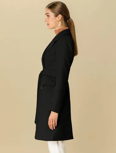 Vista 4 de Allegra K Abrigo de invierno para mujer con solapa de doble botonadura y cinturón medio largo
