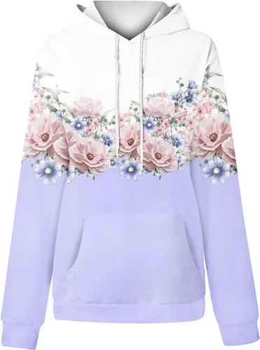 Vista 3 de Camisetas de manga larga, sudaderas con capucha con estampado floral para mujer, con cordón y bolsillos