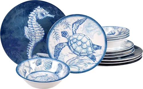 Vista 2 de Certified International Oceanic - Juego de vajilla de melamina de 12 piezas, servicio para 4, multicolor y oceánico, juego de servicio de melamina