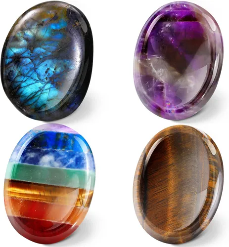 Vista 14 de Roowest 4 piedras de preocupación para el pulgar para la ansiedad, cristal natural, piedras curativas, chakras, amatista, ojo de tigre, cuarzo