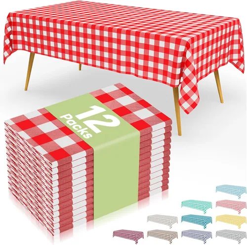 Vista 29 de Smiry 8 paquetes de manteles desechables Gingham, 54 x 108 pulgadas, manteles de plástico impermeables rectangulares en diseño a cuadros