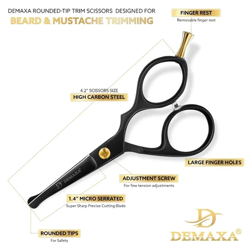 Vista 3 de Tijeras profesionales para bigote de punta roma 4.2 prémium para hombres con pinzas inclinadas, 1 peine para bigote, 1 peine y bolsa para barba