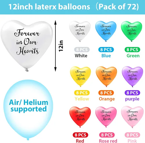 Vista 2 de 72 globos conmemorativos funerarios con forma de corazón para liberar en recuerdo del cielo, personalizados para pérdida amada con 2 rollos de cinta
