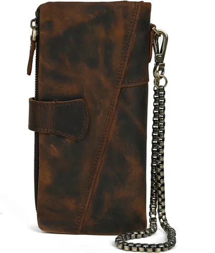 Vista 16 de Genuino Caballo Loco Cuero Regalo de Viaje Moneda Bolsillo Tarjetero Organizador Largo Cadena Rfid Cartera Monedero Con Broche Para Hombres Hombres