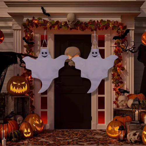 Vista 4 de Skylety 2 piezas de 32 pulgadas para decoración de fantasmas de Halloween al aire libre, manga de viento colgante de árbol, fantasmas voladores
