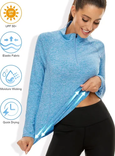 Vista 4 de LURANEE Sudadera de manga larga con cremallera de 14 para mujer, UPF 50+, para senderismo, correr, entrenamiento