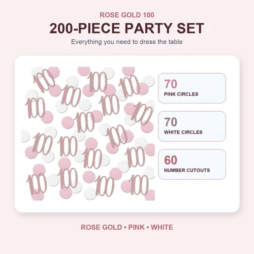 Vista 3 de Confeti de oro rosa 100, confeti número 100 con purpurina, 200 piezas de decoración de mesa de fiesta de aniversario