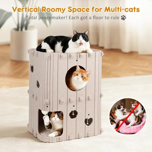 Vista 2 de Casa para gatos de interior – Cueva cerrada de 2 pisos para gatos múltiples y grandes, cubierta de fieltro para mascotas, túnel de condominio, cubo