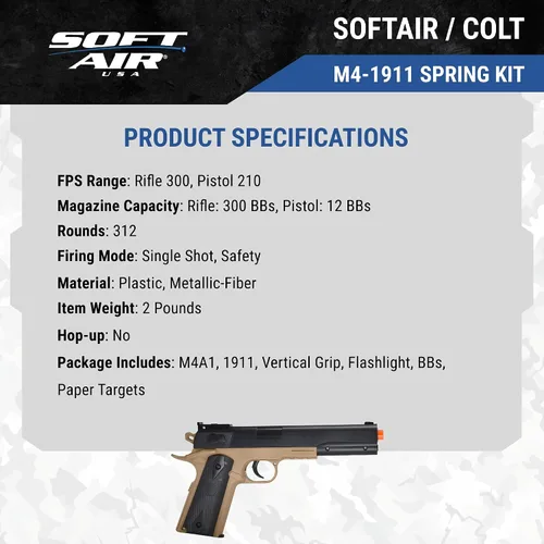 Vista 10 de Soft Air Colt RIS Spring Airsoft Rifle and Pistol On-Duty Kit de servicio, color marrón