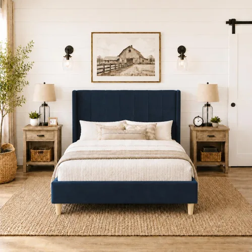 Vista 23 de Upholstered Bed Frame with Wingback Headboard and Wood Slats (Beige-Linen, Twin)