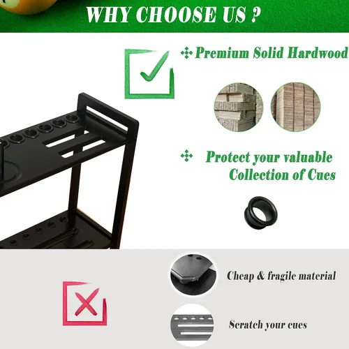 Vista 6 de Soporte de piso para palos de billar con capacidad para 9 tacos y accesorios de mesa de billar. Almacenamiento de palo de madera de 2 niveles