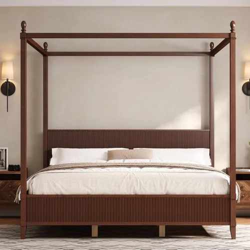 Vista 25 de Cama de plataforma con dosel de 4 pósteres de tamaño matrimonial con cabecero de listones verticales Negro-8.1