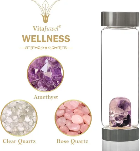Vista 3 de VitaJuwel ViA Wellness - Botella de agua de cristal con amatista, cuarzo rosa, cuarzo transparente + tapa de silicona blanca Loop Cloud