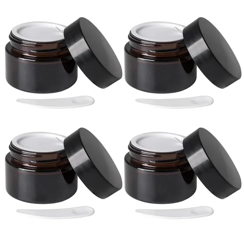 Vista 8 de OverNews Frasco de vidrio ámbar de 1 oz, envases vacíos de loción cosmética, con forros internos, tapa negra, espátula