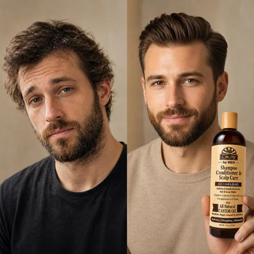 Vista 5 de OKAY -MEN Champú y acondicionador 3 en 1 - Champú y acondicionador de aceite de ricino, lavado de barba, tratamiento aclarador para cabello seco