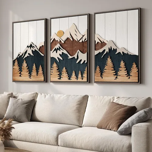 Vista 14 de Arte de pared de madera 3D con textura bohemia 3D para dormitorio, 3 piezas de arte de madera tallada botánica tropical para paredes, hoja de Marrón