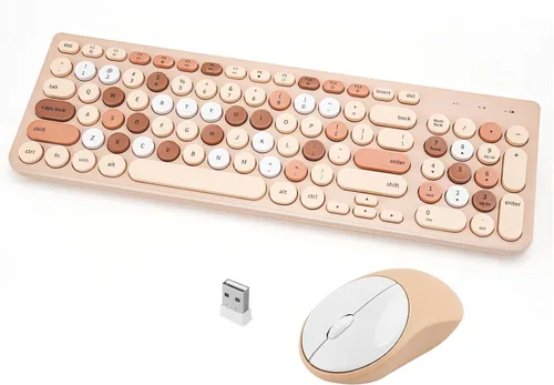 Vista 12 de Combo de teclado y mouse inalámbricos, teclado retro de máquina de escribir con teclas redondas, teclado inalámbrico USB de 2.4 GHz lindo