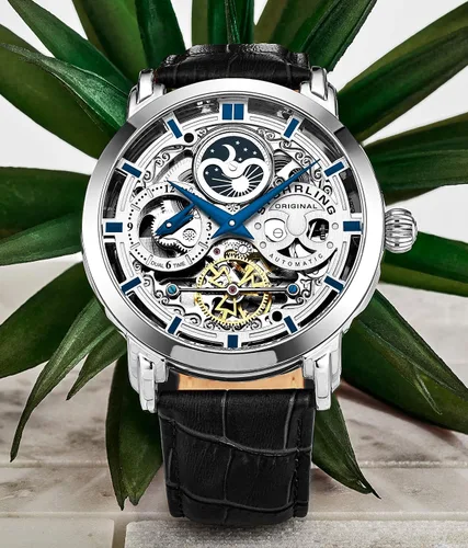 Vista 9 de Stuhrling Original Legacy – Reloj automático para hombre, de acero inoxidable, con correa de cuero genuino negro, caja de 46 MM