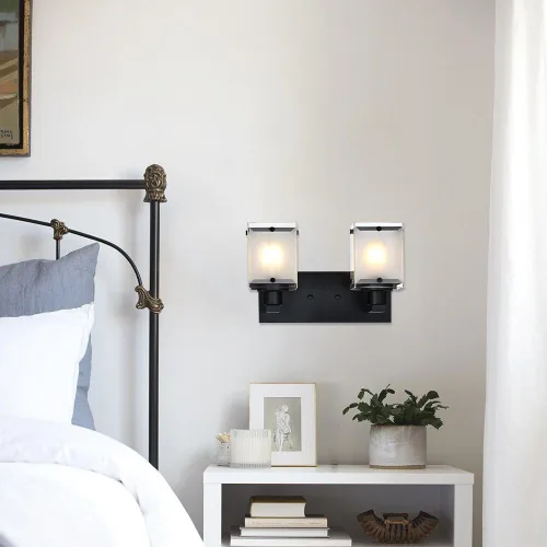 Vista 6 de Lámpara de pared negra de WINSHEN, lámpara de tocador de baño de 2 luces, lámpara de montaje en pared sobre espejo para dormitorio, estudio, sala