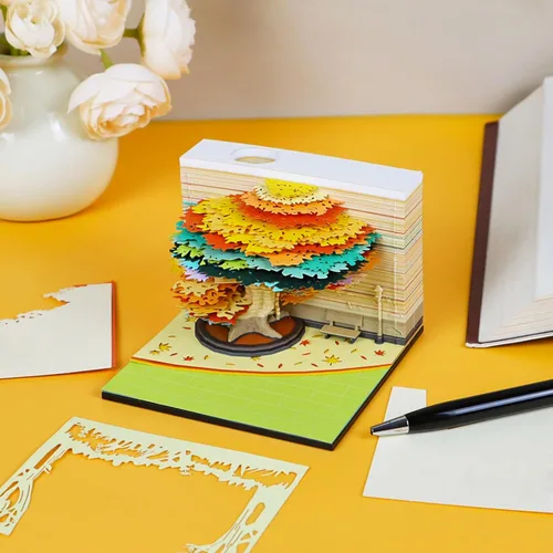 Vista 4 de Bloc de Notas 3D Casa del Árbol, Árbol de Cuatro Estaciones 240 Hojas Arte de Tallado en Papel Bloc de Notas con Soporte para Bolígrafo Notas