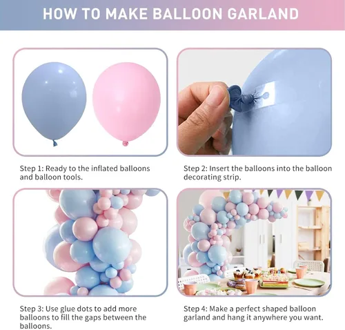 Vista 7 de Kit de arco de globos rosa y azul, kit de guirnalda de 100 globos azul claro rosa macarrón para revelación de género, globos de diferentes tamaños