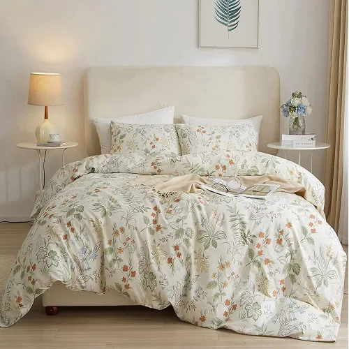 Vista 22 de Juego de funda de edredón blanca con estampado floral azul, juego de ropa de cama de algodón suave estilo bohemio, juego de ropa de cama estética