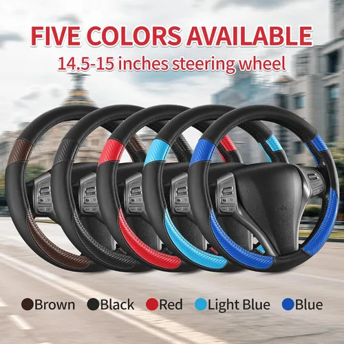 Vista 5 de Funda antideslizante de piel de napa para volante de automóvil, accesorios universales para automóvil para mujeres y hombres, apto para SUV de 14
