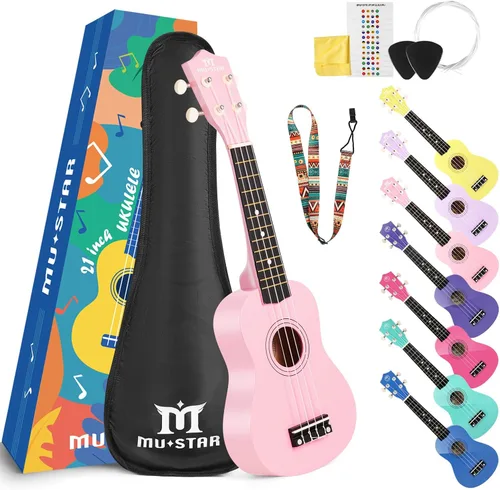 Vista 14 de Ukelele Soprano MUSTAR, Ukelele de Tilo de 21 Pulgadas para Principiantes, Kit de Ukeleles con Bolsa de Concierto, Correa, Púas, Paño, Adhesivo Azul