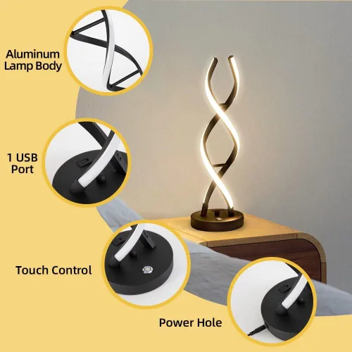 Vista 3 de Lámpara de mesa LED moderna, lámparas de mesa en espiral regulables para dormitorio, 3 colores con control táctil, lámpara de mesita de noche con 1