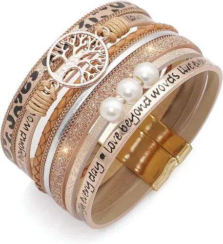 Vista 4 de Wovanoo Pulseras de cuero de leopardo para mujer, pulsera multicapa con hebilla magnética, regalo para cumpleaños, día de la madre, día de San