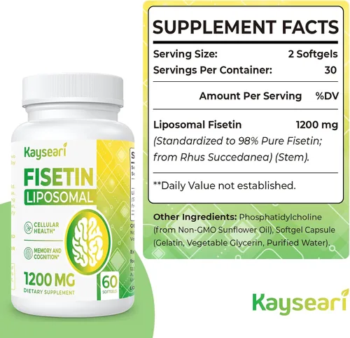 Vista 2 de Fisetin 1200mg Fisetin Liposomal Suplementos 98% Pure Fisetin Polifenoles Antioxidantes Inmunidad Salud Envejecimiento Apoyo cognitivo Sin OGM 60
