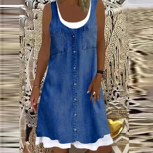 Vista 3 de Ruziyoog Vestido falso de dos piezas para mujer, vestido casual de verano, cuello redondo, estampado de mezclilla, vestido holgado acampanado