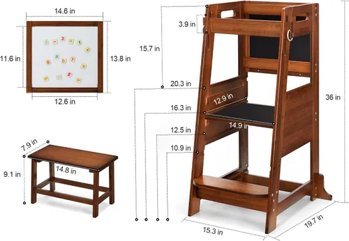 Vista 6 de TOETOL Taburete de bambú para niños, taburete de cocina de aprendizaje de torre de pie para encimera de cocina de 3 alturas ajustables con pizarra