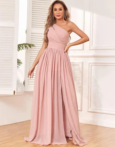Vista 2 de MXODI One Shoulder Bridesmaid Dress with Slit Chiffon Long Formal Dresses with Pockets