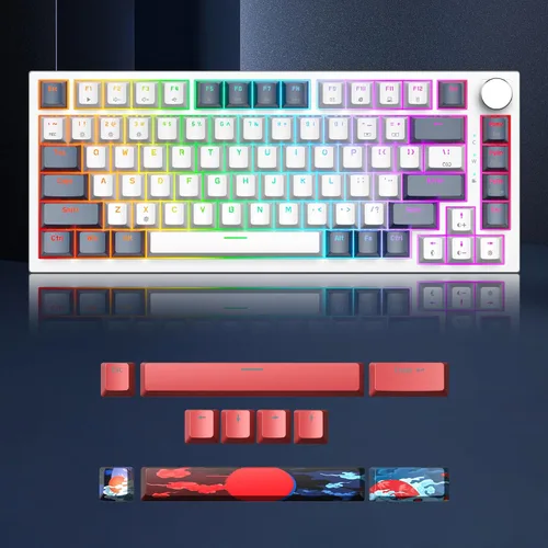 Vista 3 de Owpkeenthy Teclado mecánico para juegos con cable al 75 %, junta de 82 teclas con perilla de volumen, interruptor rojo lineal intercambiable
